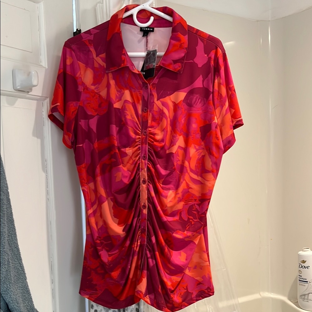 Torrid Red and Pink Ruched Button Down Polo Top